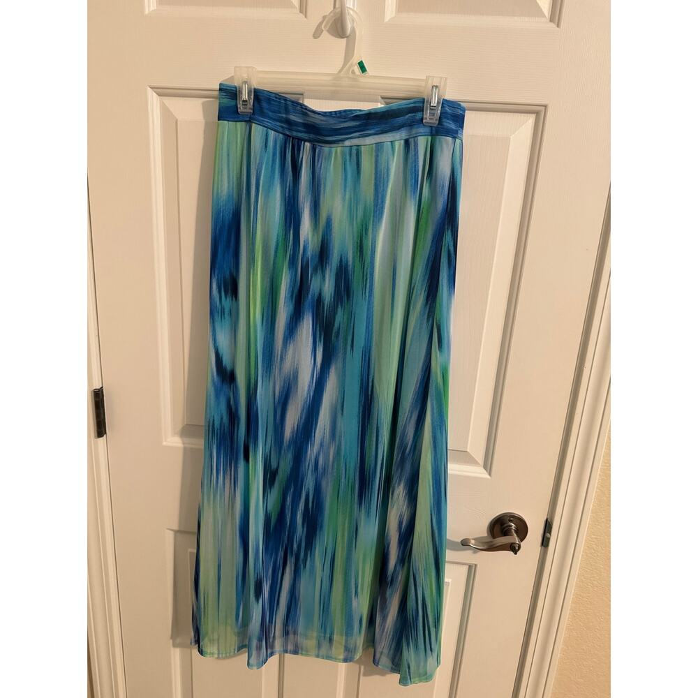 Chico's Watercolor Print Maria lined mesh Maxi Skirt Blue Green Size Small